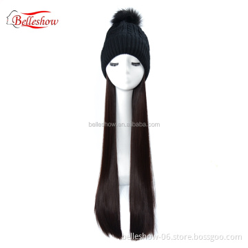 Hot sell long straight wig head Warm wool hat wig black woolen hat long straight hair Winter warm cap hair long straight hair